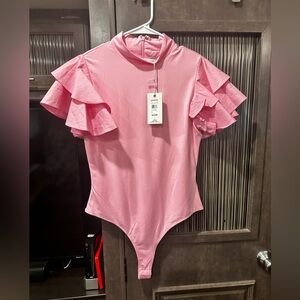 Chic Pink Ruffle Sleeve Bodysuit
